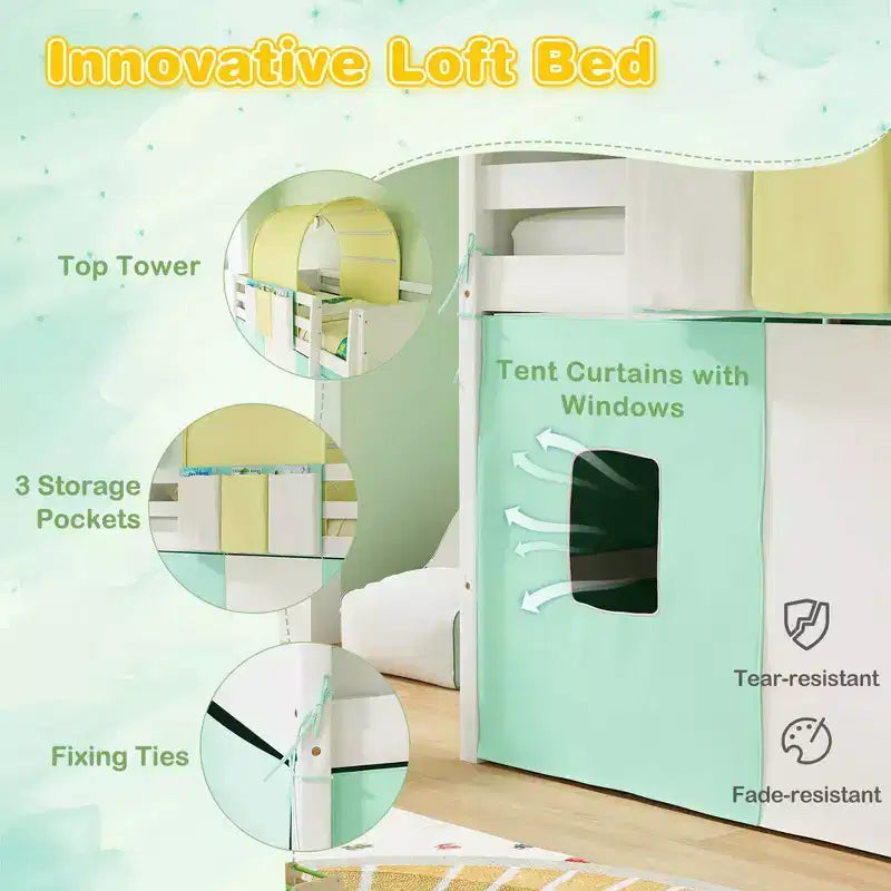 Twin Loft Bed with Tower & Tent, 3 Storage Pockets, Safety Guardrail and Ladder