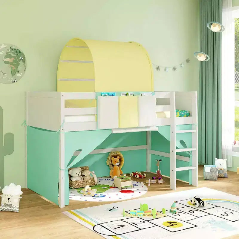 Twin Loft Bed with Tower & Tent, 3 Storage Pockets, Safety Guardrail and Ladder