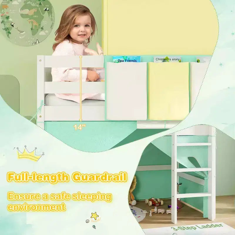 Twin Loft Bed with Tower & Tent, 3 Storage Pockets, Safety Guardrail and Ladder