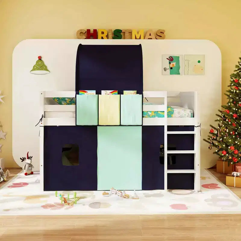 Twin Loft Bed with Tower & Tent, 3 Storage Pockets, Safety Guardrail and Ladder