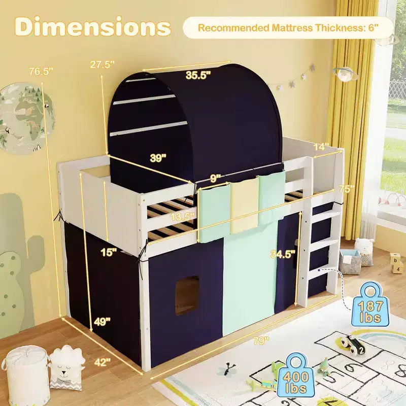 Twin Loft Bed with Tower & Tent, 3 Storage Pockets, Safety Guardrail and Ladder