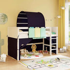 Lit mezzanine double avec tour et tente, 3 poches de rangement, barrière de sécurité et échelle