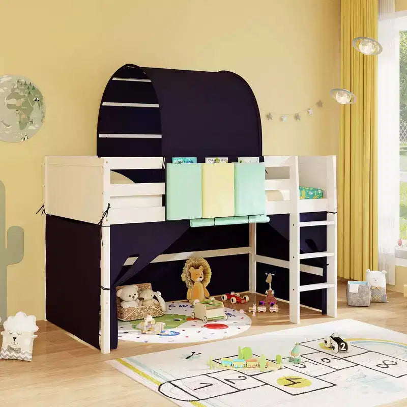 Twin Loft Bed with Tower & Tent, 3 Storage Pockets, Safety Guardrail and Ladder