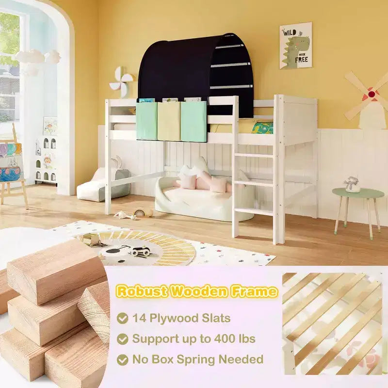 Twin Loft Bed with Tower & Tent, 3 Storage Pockets, Safety Guardrail and Ladder