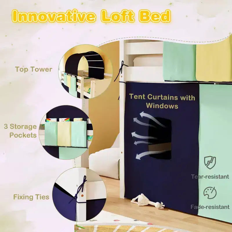 Twin Loft Bed with Tower & Tent, 3 Storage Pockets, Safety Guardrail and Ladder