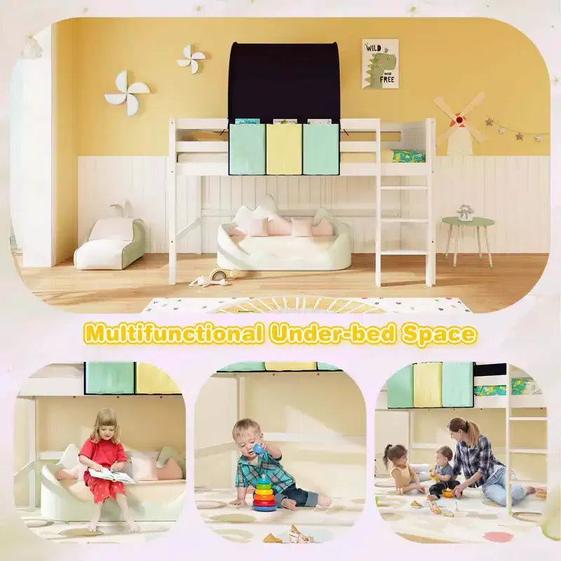 Twin Loft Bed with Tower & Tent, 3 Storage Pockets, Safety Guardrail and Ladder