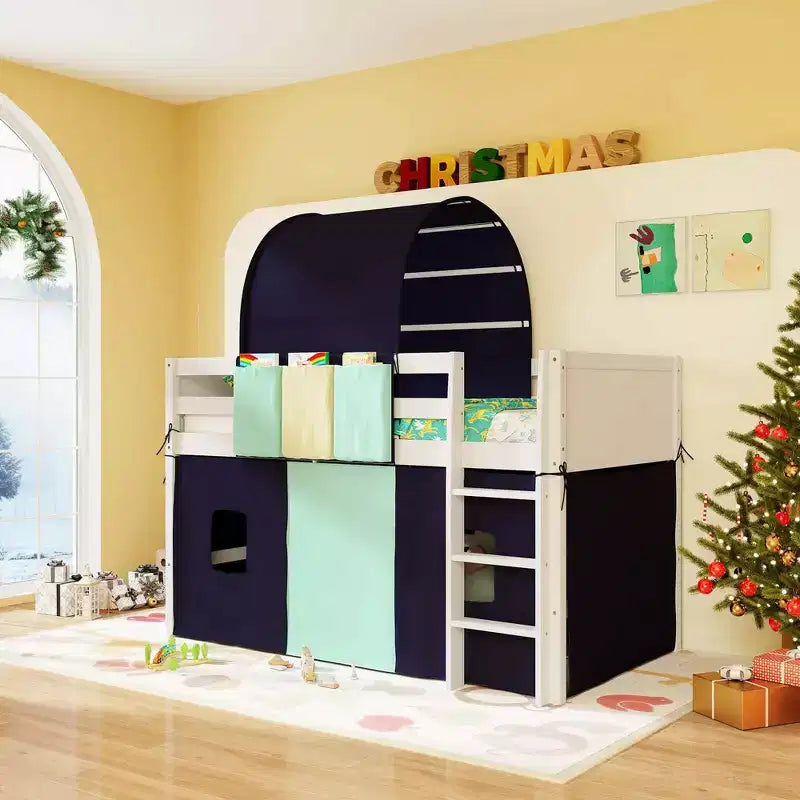 Twin Loft Bed with Tower & Tent, 3 Storage Pockets, Safety Guardrail and Ladder