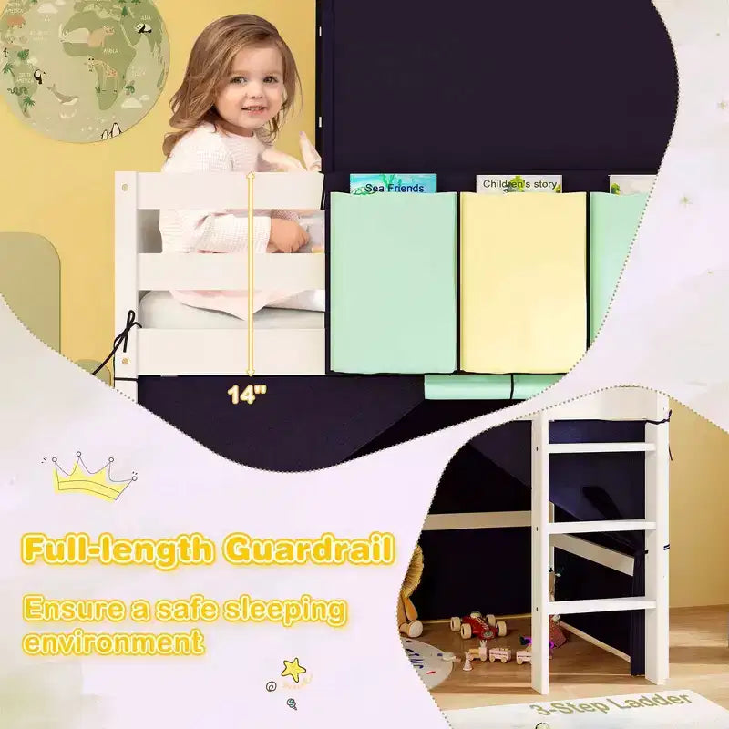 Twin Loft Bed with Tower & Tent, 3 Storage Pockets, Safety Guardrail and Ladder