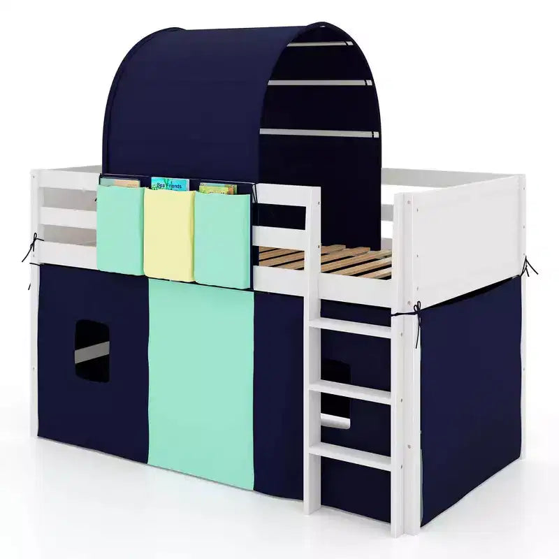 Costway Twin Loft Bed with Tower & Tent 3 Storage Pockets Safety Guardrail and Ladder Turquoise/Navy