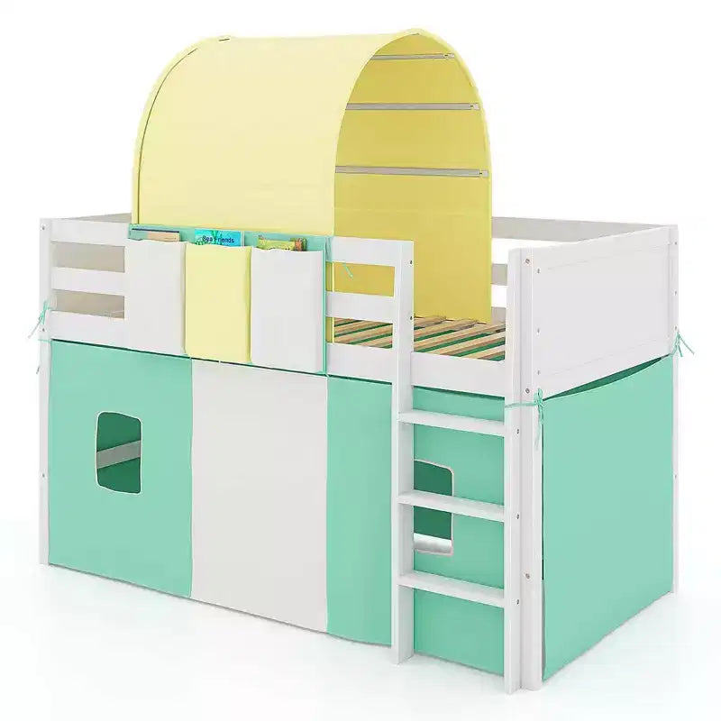 Twin Loft Bed with Tower & Tent, 3 Storage Pockets, Safety Guardrail and Ladder