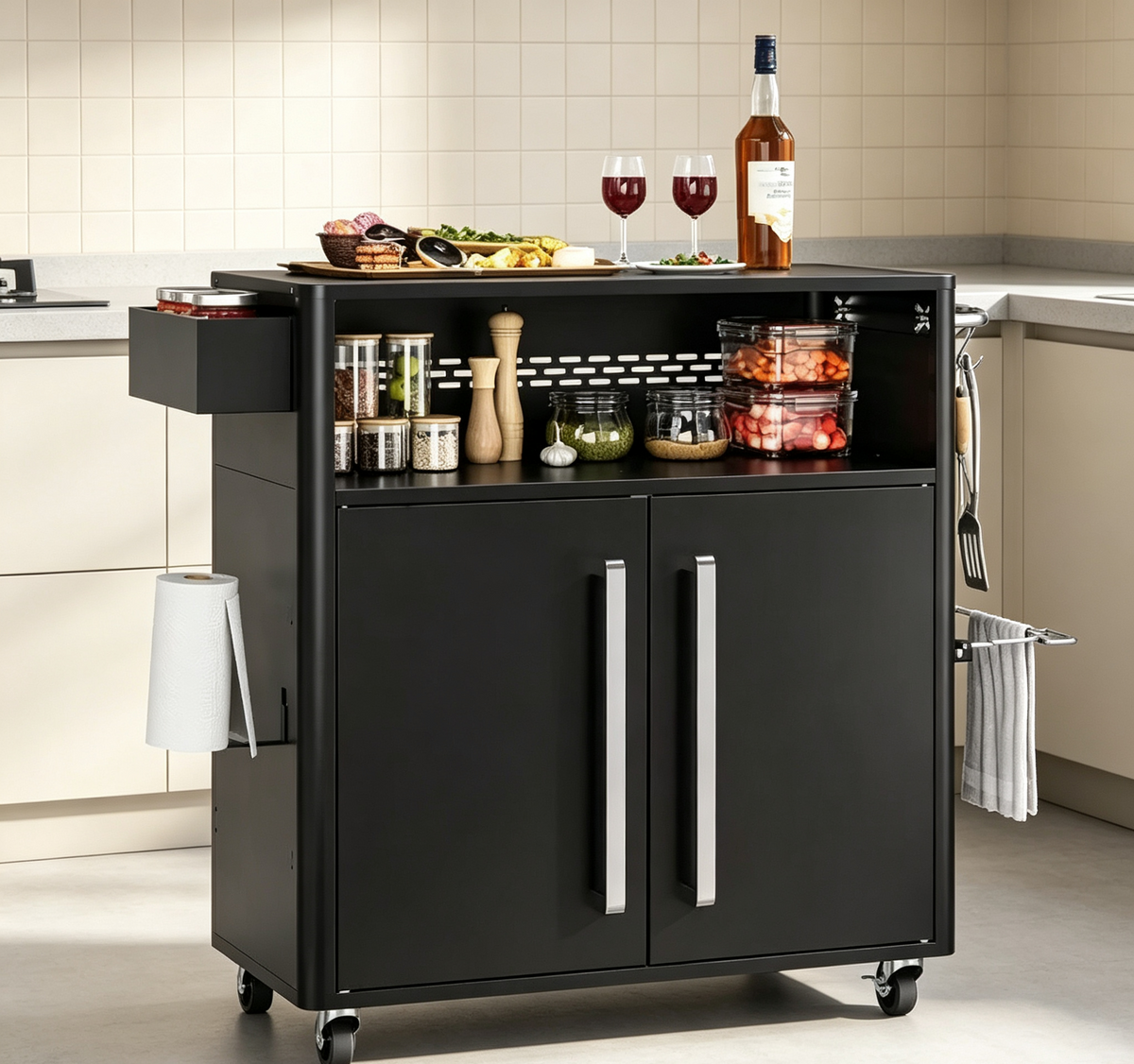 Chariot de service extérieur noir robuste avec roues et rangement – Table de préparation de barbecue à 2 niveaux pour patio