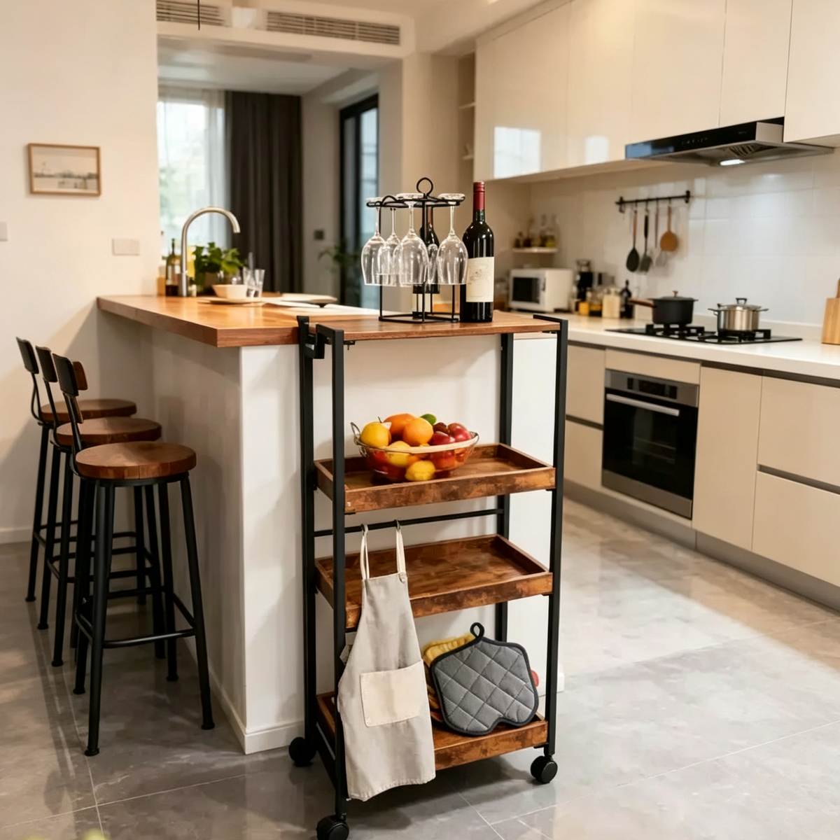 Étagère de rangement pliable en bois à 4 niveaux - Chariot de cuisine extensible avec roulettes verrouillables, étagères de garage robustes, capacité de charge de 45 kg